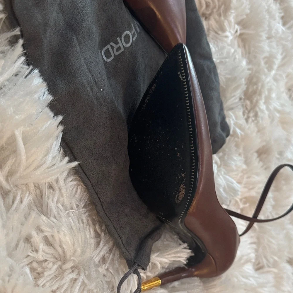 Tom Ford Dark Brown Leather Pointed Stiletto Heels with Gold Padlock